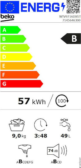 Beko Πλυντήριο Ρούχων 9kg 1400 Στροφών WTV 9716 DXST