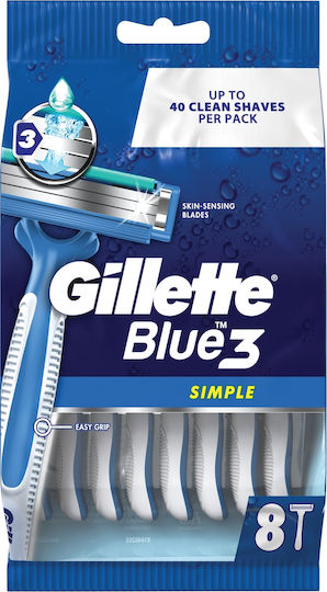 Gillette Blue 3 Simple Disposable Razors with 3 Blades & Lubricating Tape 8pcs