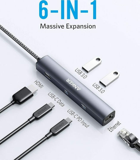 Anker PowerExpand USB-C Docking Station με HDMI 4K PD Ethernet Ασημί