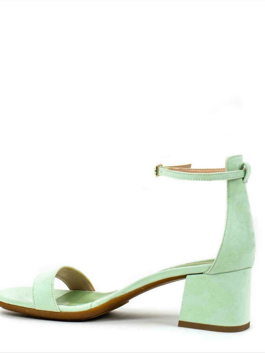 Sante Suede Women's Sandals with Ankle Strap Green with Chunky Medium Heel