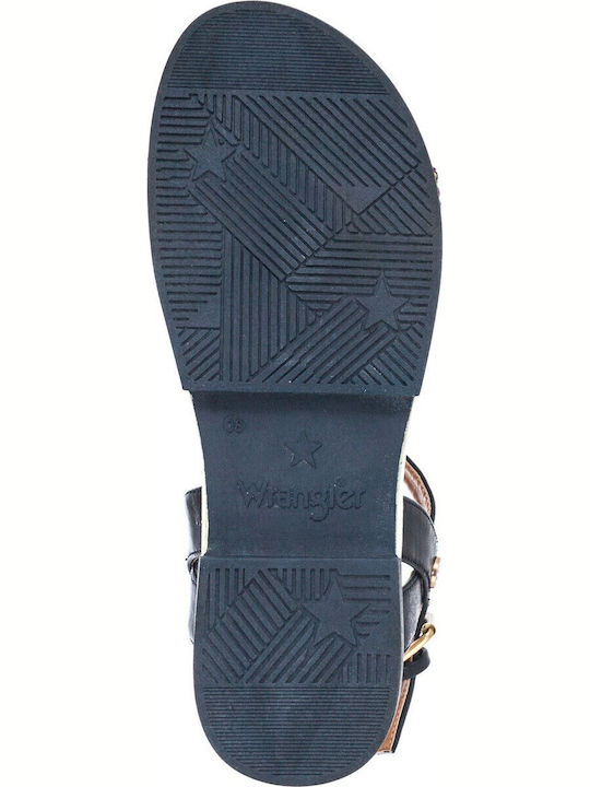 Ribbon Harvey Leather Women's Flat Sandals with Strap in Navy Blue Color