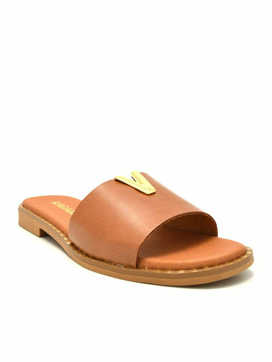 Leather Women's Flat Sandals in Tabac Brown Color