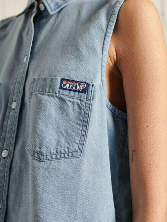 Fără mâneci Femei Denim Cămașă Albastru deschis