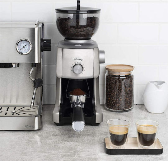 HKoenig Electric Coffee Grinder 130W for 400gr Beans and 16 Grind Levels Silver