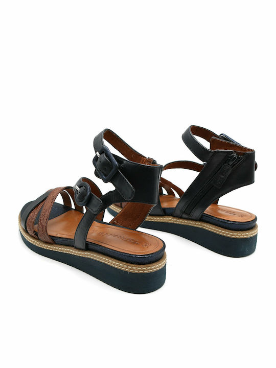 Women's Leather Ankle Strap Platforms Navy Blue