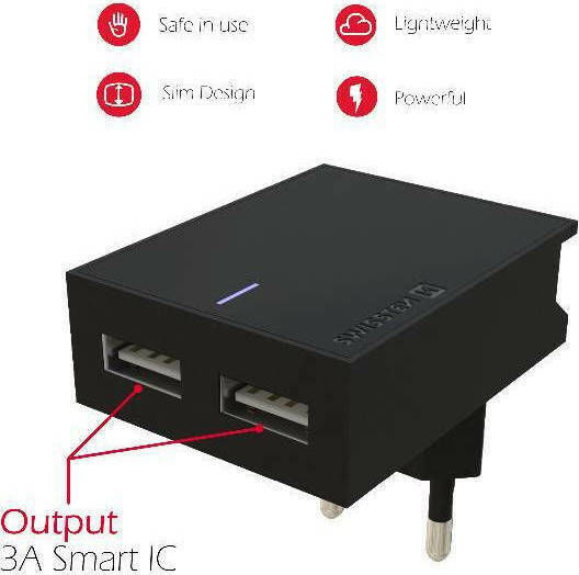 Swissten Φορτιστής με 2 Θύρες USB-A και Καλώδιο USB-C 15W Μαύρος (22044000)