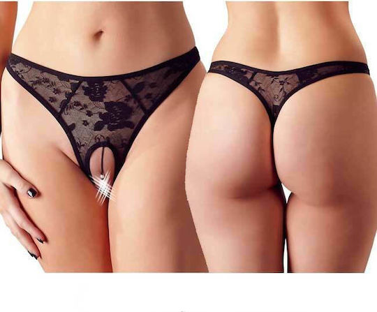Cottelli Collection Lace G-string with a Pearl Frauen Sexy Zeichenfolge offenem Schritt Black