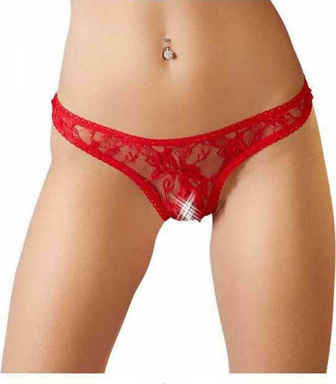 Cottelli Collection Lace String with Open Crotch Women's Sexy String Car with Lace Red