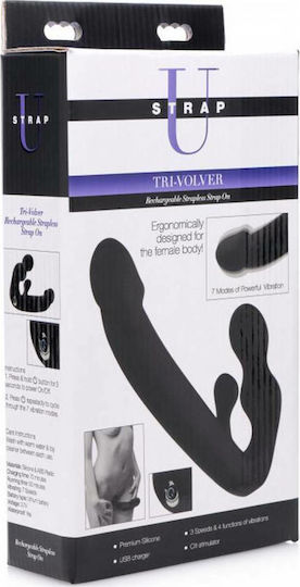 Strap U Tri-Volver Strapless Strap-on Strapless Strap On με Τριπλό Dildo 21.60cm και Δόνηση σε Μαύρο Χρώμα