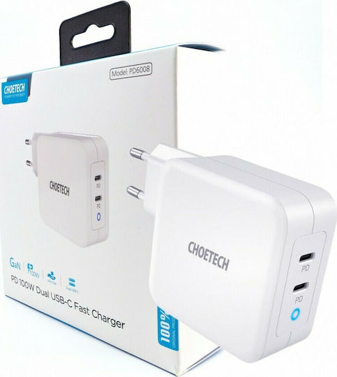 Choetech Charger Without Cable GaN with 2 USB-C Ports 100W Power Delivery Whites (PD6008)