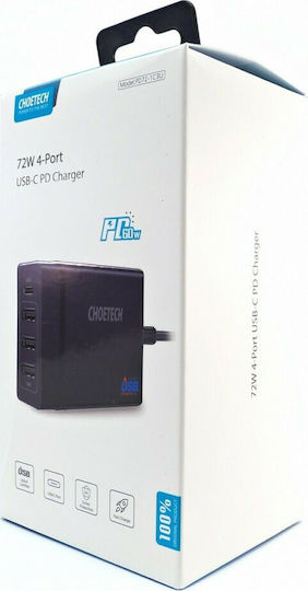 Choetech Βάση Φόρτισης με 3 Θύρες USB-A και Θύρα USB-C 72W Power Delivery σε Μαύρο χρώμα (PD72-1C3U)