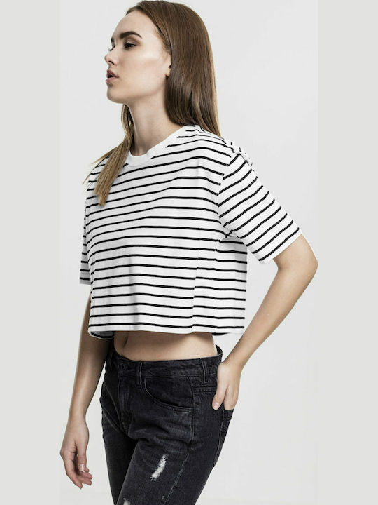 Women's Summer Crop Top Cotton Short Sleeve Striped White