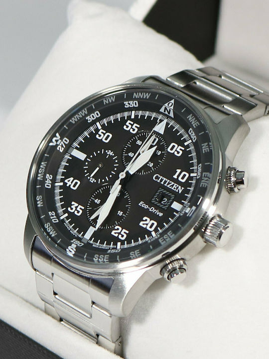 Citizen Ανδρικό Ρολόι 44mm Χρονογράφος Eco - Drive με Ασημί Μεταλλικό Μπρασελέ
