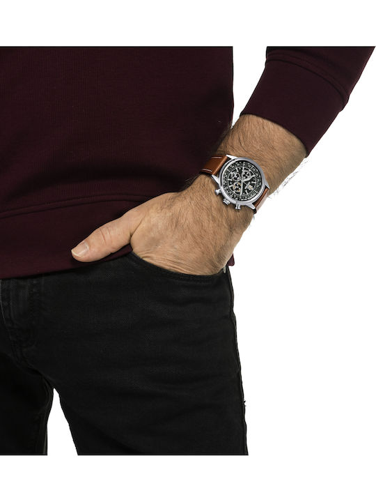 Citizen Ανδρικό Ρολόι 44mm Χρονογράφος Eco - Drive με Καφέ Δερμάτινο Λουράκι