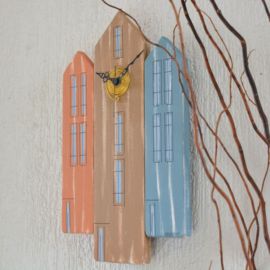 Kapadakis Wood Art Τρια Σπίτια Ρολόι Τοίχου Ξύλινο Πολύχρωμο 24x40cm