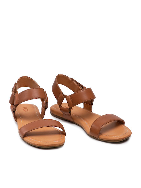1117284 Leather Women's Flat Sandals with Strap in Tabac Brown Color