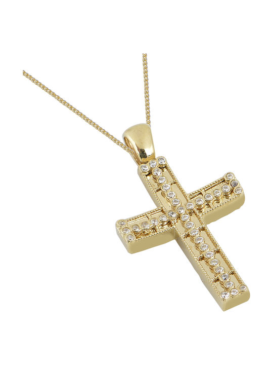 CHRISTENING CROSS GOLD 14 K GOLD WITH CHAIN FEMALE WITH ZIRCONIA STONES DOUBLE SIDED F118