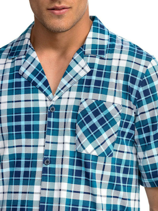 Vamp Men's Summer Cotton Checked Pajamas Set Blue