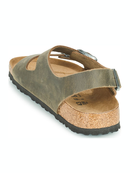 Birkenstock Milano Oiled Leather Δερμάτινα Ανδρικά Σανδάλια Faded Khaki