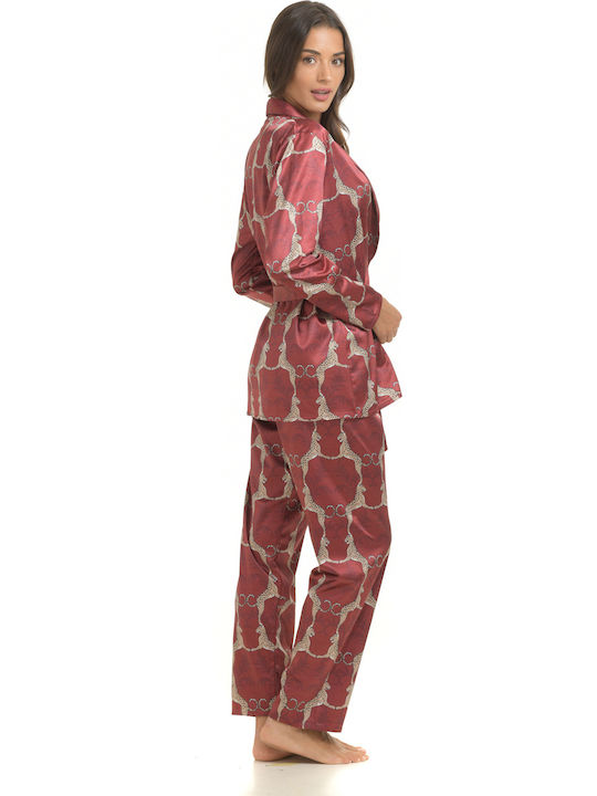Miss Rosy Winter Damen Pyjama-Set Satin,σατεν Burgundisch