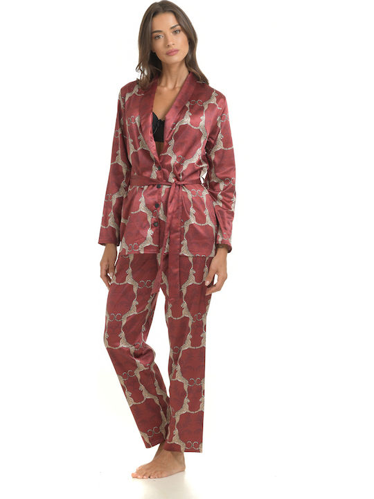 Miss Rosy Winter Damen Pyjama-Set Satin Burgundisch