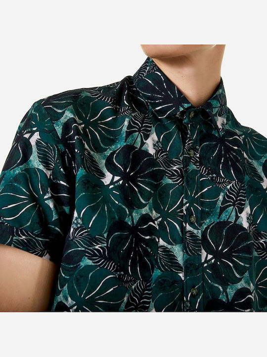 Cămașă Bărbați Mâneca Scurtă 100% Bumbac Regular Fit Model Floral Verde