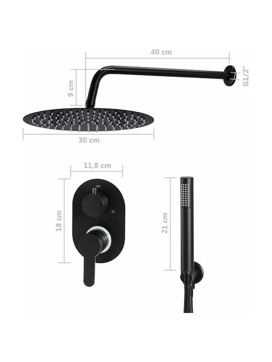 vidaXL Built-in Mixer, Hand Shower & Shower Head Set for Shower 2 Exits Inox Black