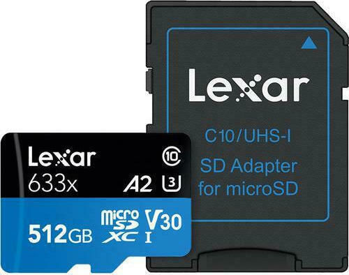 Lexar High-Performance 633x microSDXC 512GB U3 V30 A2 UHS-I 100MB/s με αντάπτορα