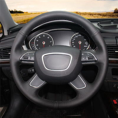 Kokkinoplitis Car Steering Wheel Cover Tailored Κάλυμμα Τιμονιού Audi A3 / A4 / A6 / Q3 / Q5 / Q8 Leatherette Black