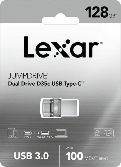 Lexar JumpDrive Dual Drive D35c 128GB USB 3.0 Stick με σύνδεση USB-A & USB-C Ασημί