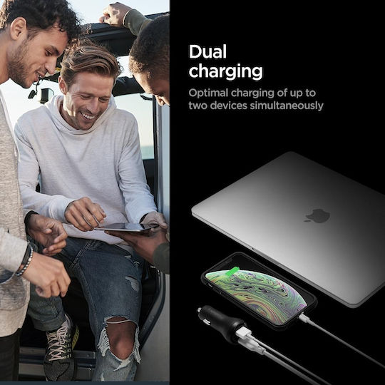 Spigen Φορτιστής Αυτοκινήτου PC1800 30W 2.4A Γρήγορης Φόρτισης με Θύρες: 1xUSB 1xType-C Μαύρος