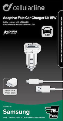 Cellular Line Φορτιστής Αυτοκινήτου Λευκός Συνολικής Έντασης 3A Γρήγορης Φόρτισης με μία Θύρα USB μαζί με Καλώδιο micro-USB