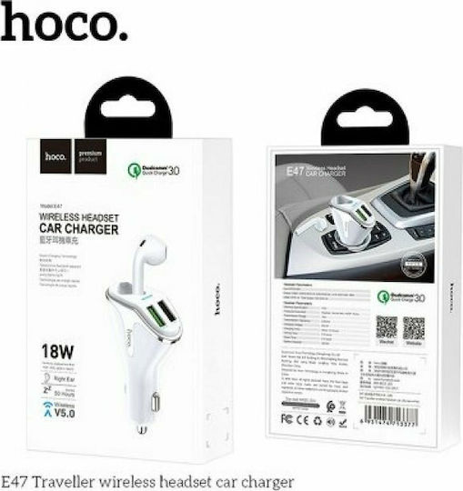Hoco E47 Pro Traveller Auto-Ladegerät 18W 3.1A mit Anschlüssen: 2xUSB und Bluetooth-Kopfhörer Weiß Farbe