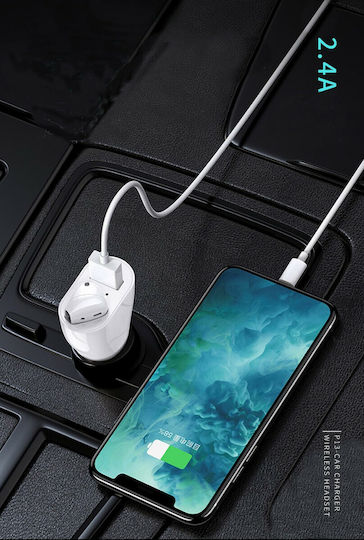 WK P13 Auto-Ladegerät 2.4A mit einem Anschluss: 1xUSB und Bluetooth-Kopfhörer Weiß Farbe