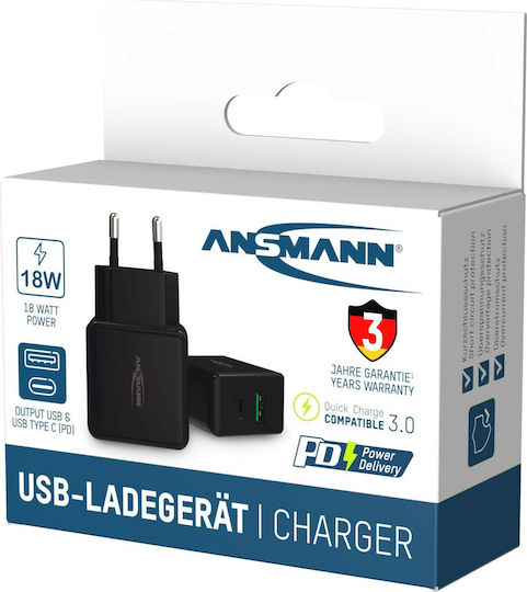 Ansmann Charger Without Cable with USB-A Port and USB-C Port Blacks (HC218PD)