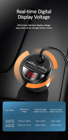 Usams C22 Autoladegerät 14W 3.4A Schnellladen mit Anschlüssen 2xUSB zusammen mit Kabel Lightning / Mikro-USB / Typ-C Schwarz Farbe