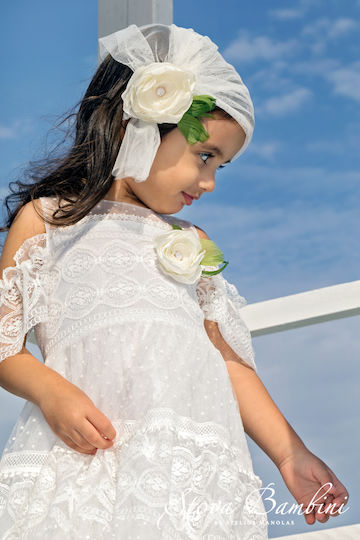 Stova Bambini Alb Set de Haine de Botez cu Accesorii pentru păr & Rochie din Dantelă 2buc