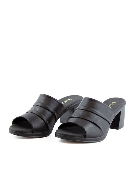 Leather Mules with Chunky High Heel in Black Color