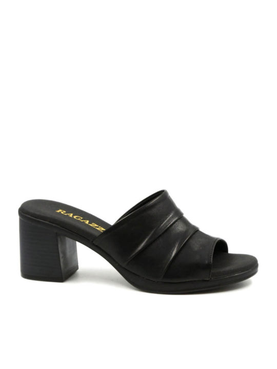 Leather Mules with Chunky High Heel in Black Color