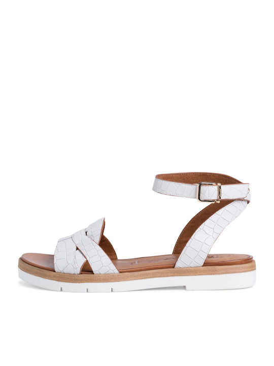 Leather Women's Flat Sandals with Strap in White Color