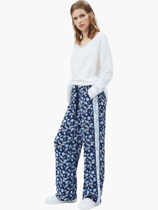 Lydia Women's High-waisted Fabric Trousers with Elastic in Regular Fit Floral Blue