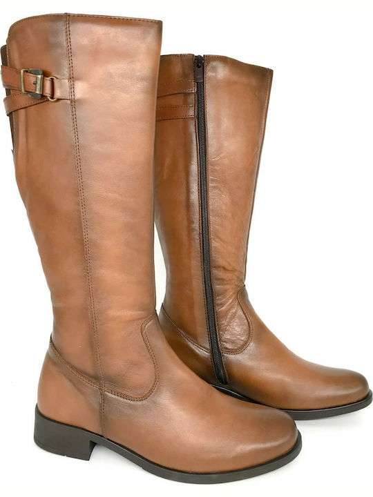 Leather Women's Boots with Zipper Tabac Brown