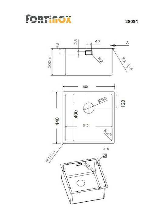 Fortinox Squadro 28034 108-28034-110 Undermount Sink Inox Satin W38xD44cm Silver