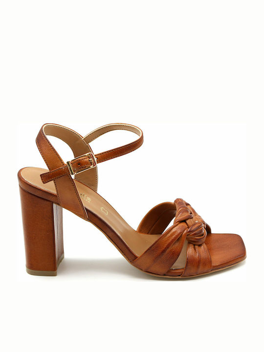 Fardoulis Leather Women's Sandals 809-40X Tabac Brown with Chunky Medium Heel