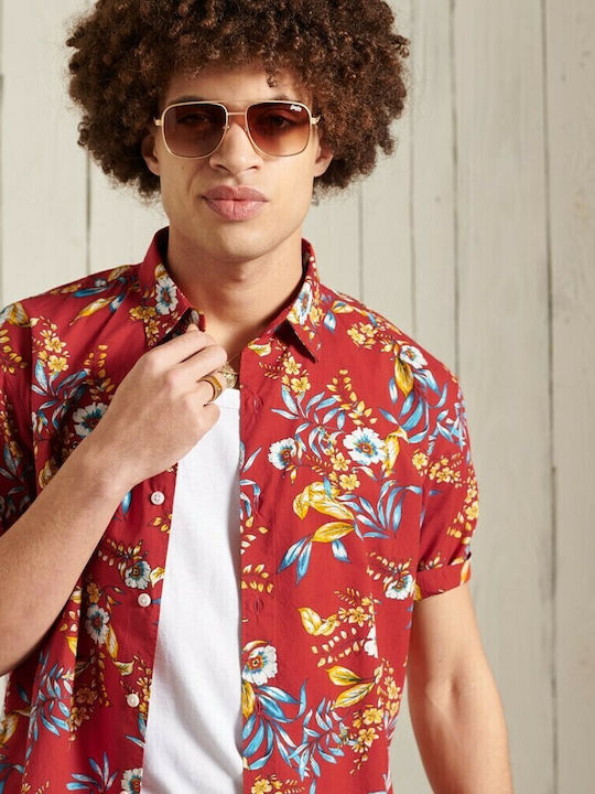 Hawaiian Box Cu mânecă scurtă Bumbac Cămașă Floral Roșu