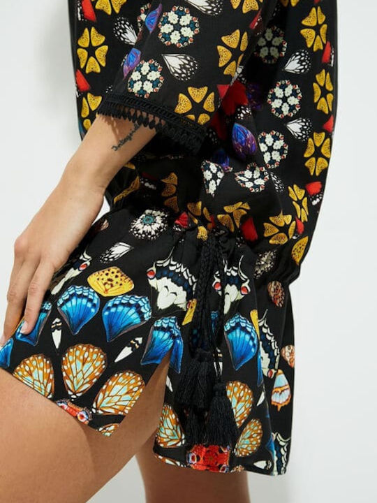 Desigual Maui Γυναικείο Κοντό Καφτάνι Παραλίας Μαύρο