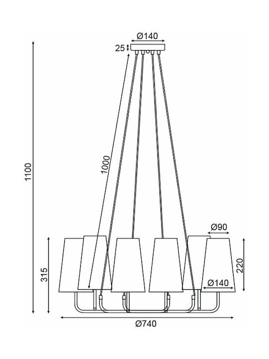 Aca Pendant Light Black for 6 Bulbs E14, E.14 74x74cm