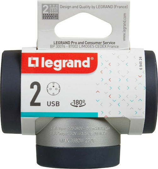 Legrand Ταφ 2 Θέσεων με 1 USB-A και 1 USB-C Ασημί