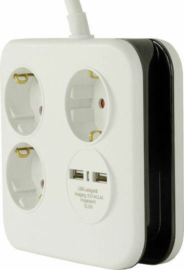 REV Power Strip 3 Positions with 2 USB-A, USB-C and Cable 1.4m