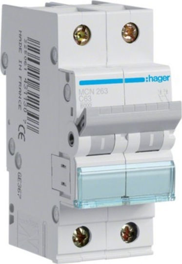 Hager Αυτόματη Ασφάλεια 63A Διπολική AC MCN263